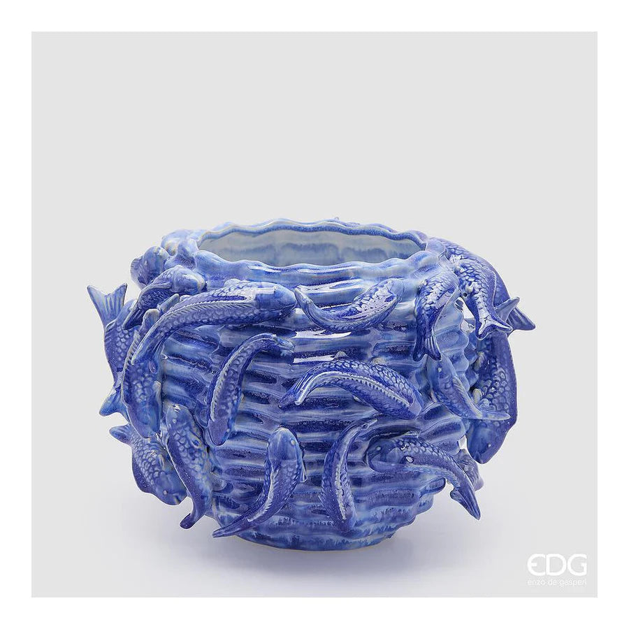 EDG - Vaso Chakra Carpa Koi H.20.5 D.33 Blue In Ceramica