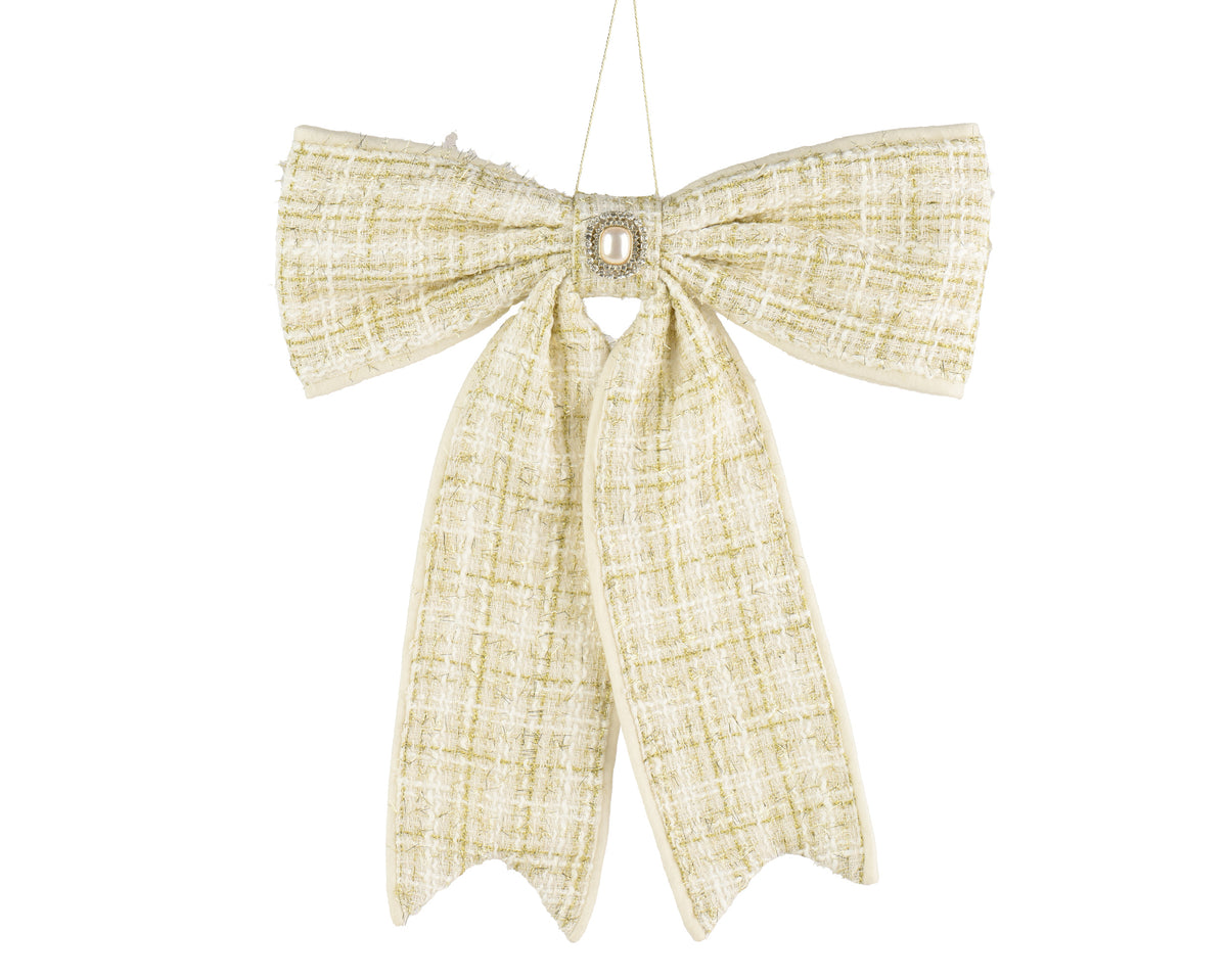 Garden Foggia - Fiocco Natalizio Elegante in Tessuto Tweed Oro e Panna con Spilla Gioiello