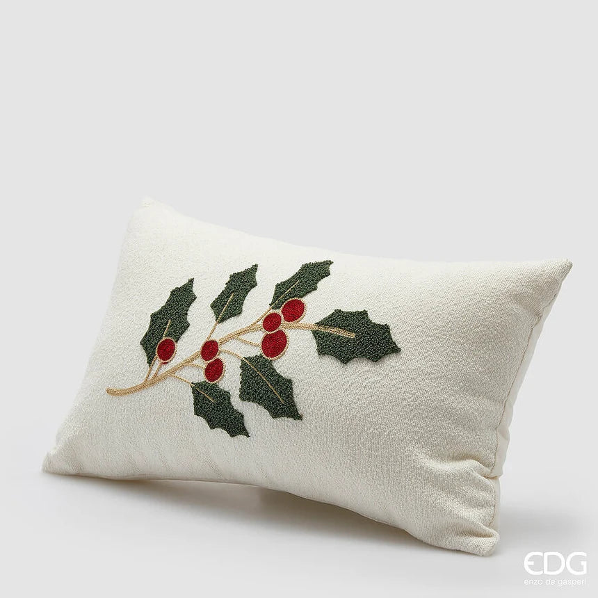 EDG - Cuscino Agrifoglio Rettangolare Natalizio L 50 Cm L 30 Cm Velluto Bianco Verde Rosso