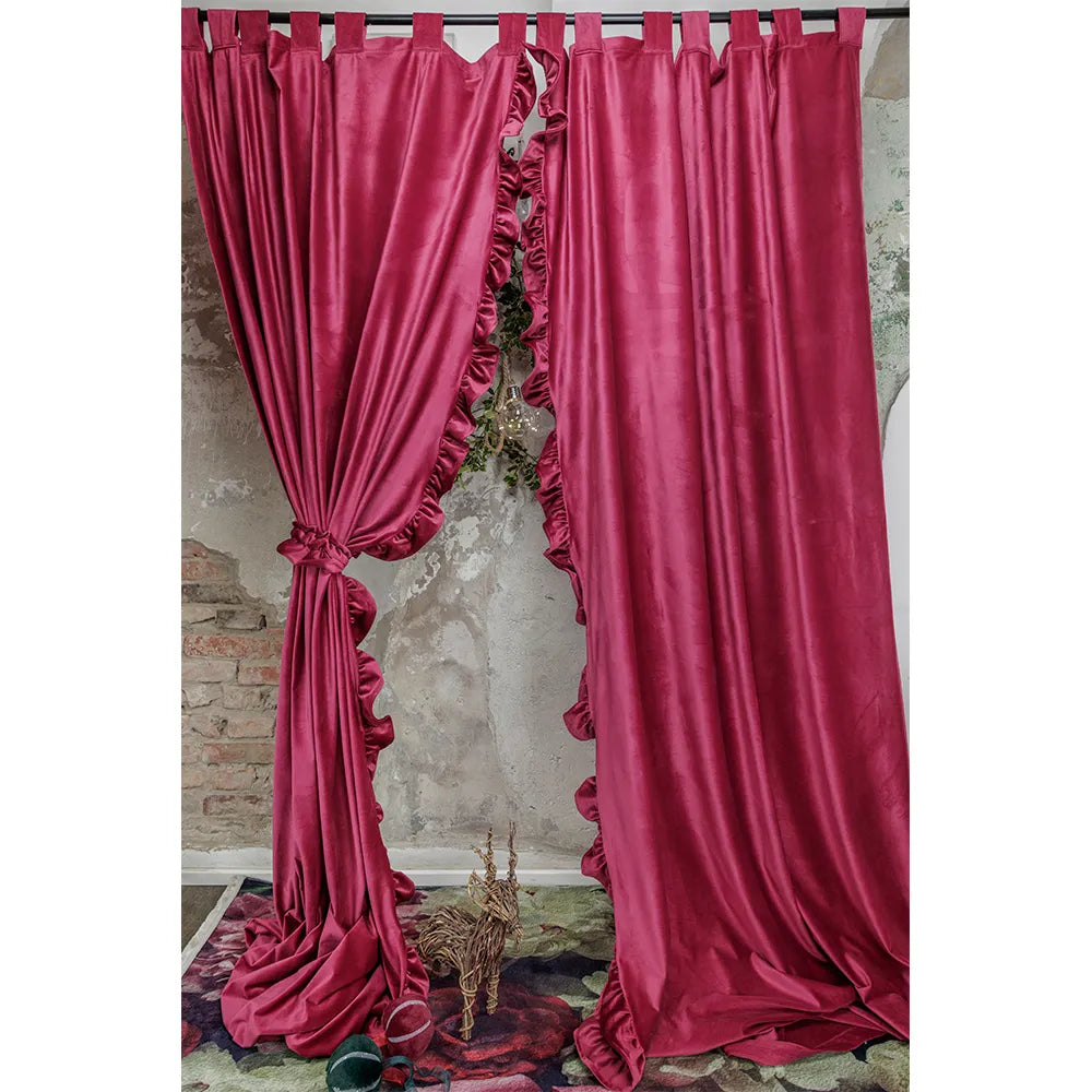 Atelier - Coppia tende in velluto lampone con frill laterale 140×290 A Corte
