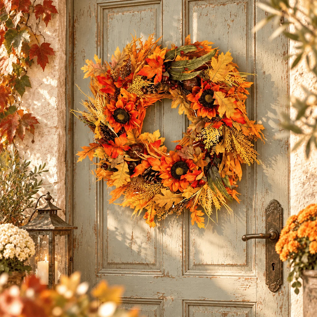 Nuvole di Stoffa - Ghirlanda fuoriporta autunnale fiori e foglie 66 cm