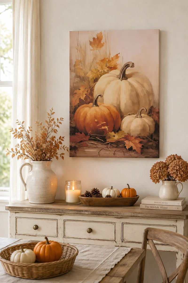 Nuvole di Stoffa - Quadro Autunnale con Zucche e Foglie 50x70 cm