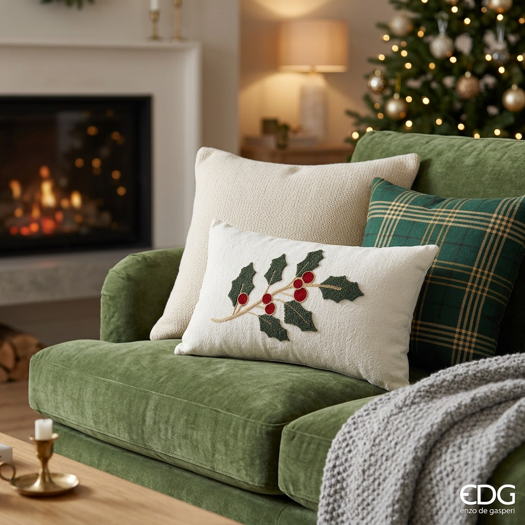 EDG - Cuscino Agrifoglio Rettangolare Natalizio L 50 Cm L 30 Cm Velluto Bianco Verde Rosso