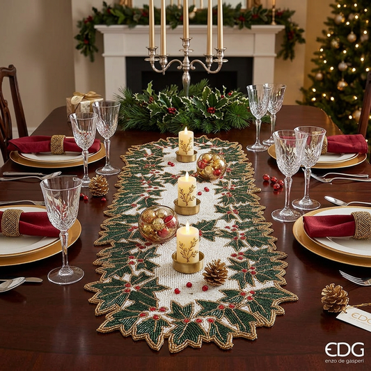 EDG - Runner Agrifoglio Natale con Perle L 90 Cm L 30 Cm
