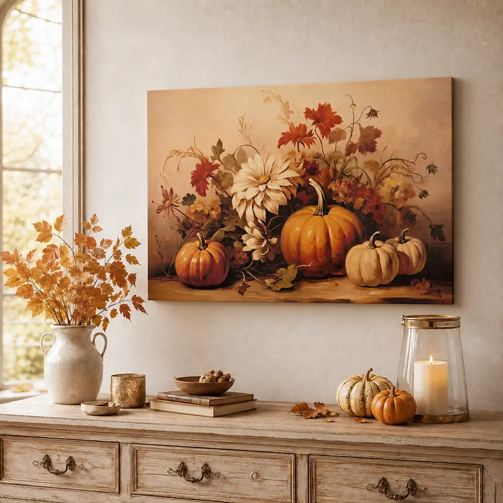 Nuvole di Stoffa - Quadro Autunnale con Zucche e Fiori 70×50 cm – Racconti d’Autunno