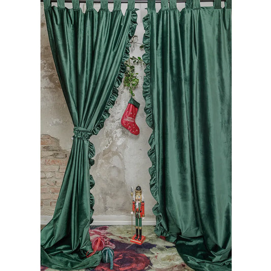 Atelier - Coppia di tende in velluto verde bosco con frill laterale 140×290 A Corte